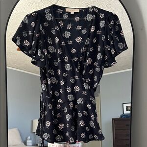 LOFT Navy Floral Wrap Blouse